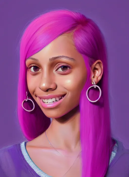 Image similar to portrait of teenage vanessa morgan with bright pink hair, vanessa morgan, curly pixie cut hair, wearing a purple breton cap, breton cap, subtle confident smile, hoop earrings, intricate, elegant, glowing lights, highly detailed, digital painting, artstation, concept art, smooth, sharp focus, illustration, art by wlop, mars ravelo and greg rutkowski