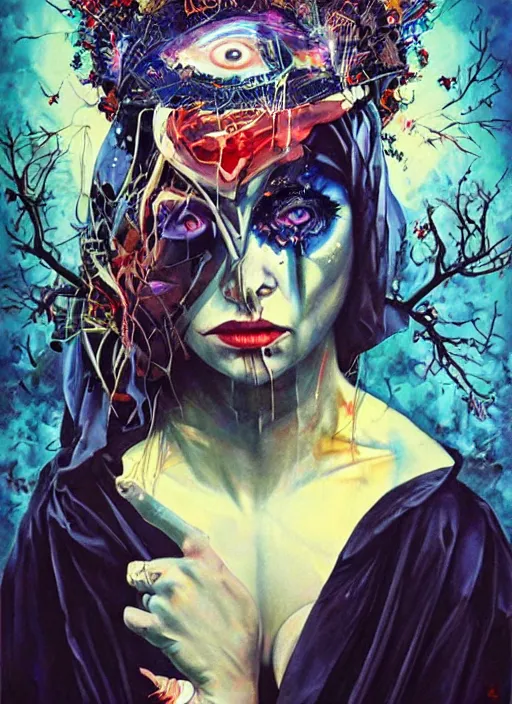 Image similar to powerful tripping cult magic psychic woman, subjective consciousness psychedelic, epic surrealism expressionism symbolism story iconic, dark robed witch, oil painting, paint layers, robe, greek dark myth, by Sandra Chevrier, masterpiece