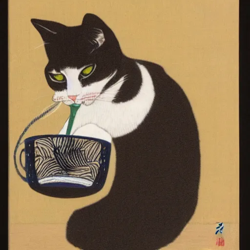 Prompt: a portrait of a cat drinking milk by yoshida hiroshi