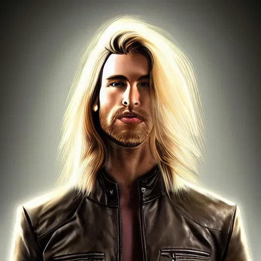 Prompt: muscular, long haired blonde man wearing a thick leather jacket, fantasy, digital art