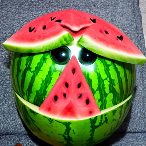 Prompt: watermelon terminator cyborg with glowing eye