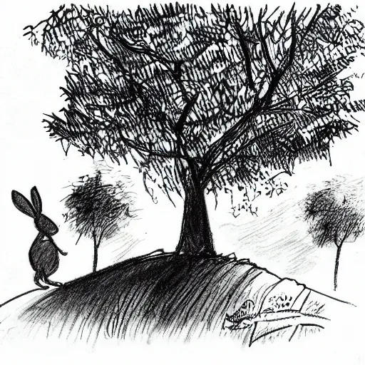 Prompt: milt kahl pen and ink sketch of a rabbit silhouette standing by a tree in the forest facing away