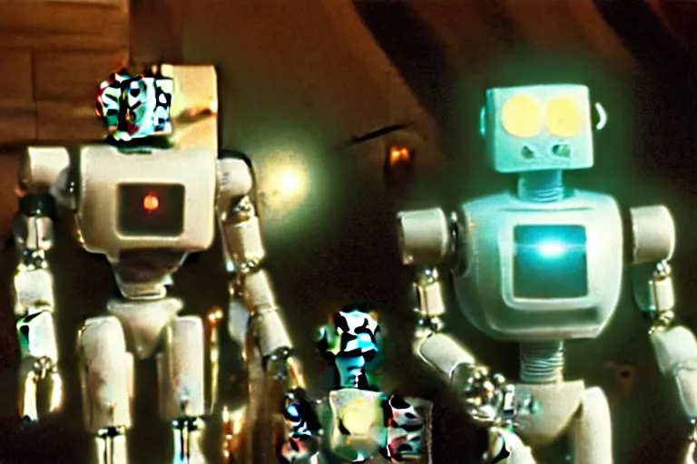 Image similar to a movie still from the 1985 summer blockbuster movie Back to the Robots directed by Steven Spielberg