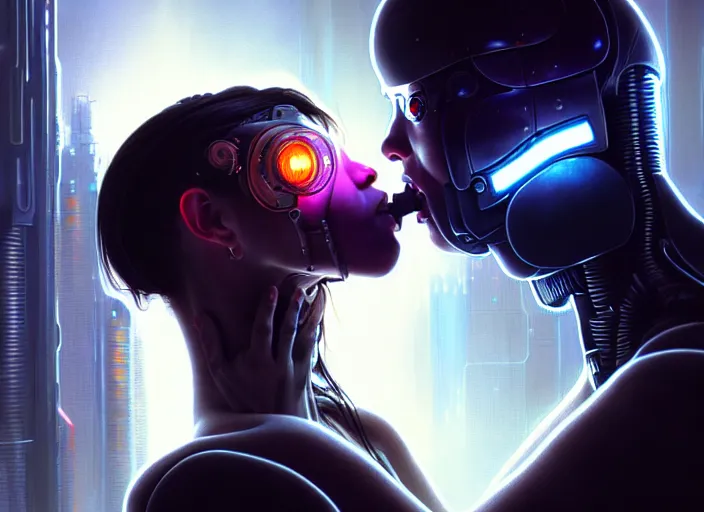 Image similar to ultra realistic medium shot of a couple of cyborgs kissing, lovers, cyberpunk, sci - fi, fantasy, kodak, colour led, soft light, volumetric lighting, fog, rays, night, intricate, highly detailed, digital painting, concept art, smooth, sharp focus, illustration, art by artgerm and greg rutkowski and alphonse mucha