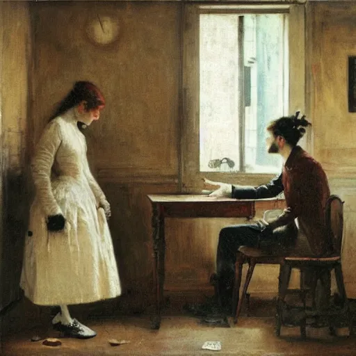 Image similar to a young man and a young woman solving an escape room puzzle, mysterious markings on the wall, by alfred stevens