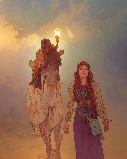 Image similar to bedouin in the desert, highly detailed, gold filigree, romantic storybook fantasy, soft cinematic lighting, award, disney concept art watercolor illustration by mandy jurgens and alphonse mucha and alena aenami, pastel color palette, featured on artstation