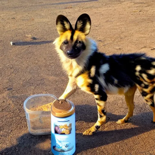 Prompt: serving graham crackers to a fluffy african wild / painted dog pup so he can happily lick his graham crackers : a good boy