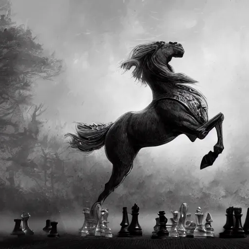 Image similar to a chess piece comes alive, the horse jumps over the wooden chessboard, fantasy art, in the style of greg rutkowski, illustration, epic, fantasy, intricate, hyper detailed, artstation, concept art, smooth, black and white, sharp focus, ray tracing