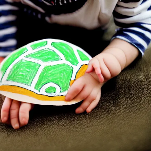 Prompt: Toddler drawing of Helsinki on the back of a turtle.