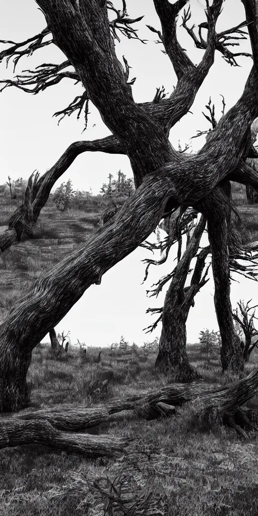 Image similar to dead old trees intricated together on a dry land,Highly Detailed, Cinematic Lighting, rim light, hyper real, black and white, photo-realistic Unreal Engine, 8K