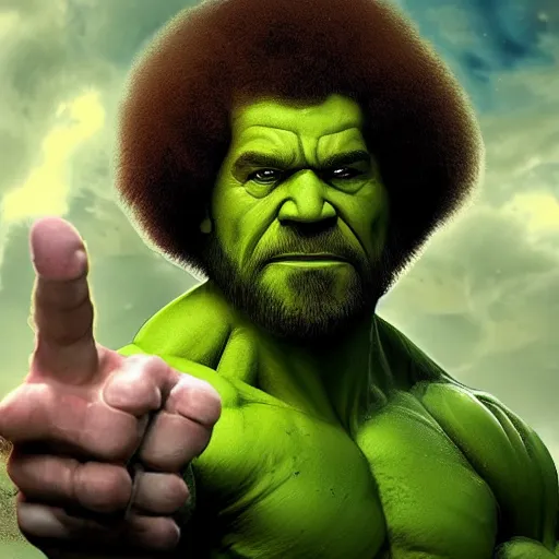 Image similar to photomanipulation of BOB ROSS as hulk with human flesh, marvel, fully detailed, volumetric lightening, octane render