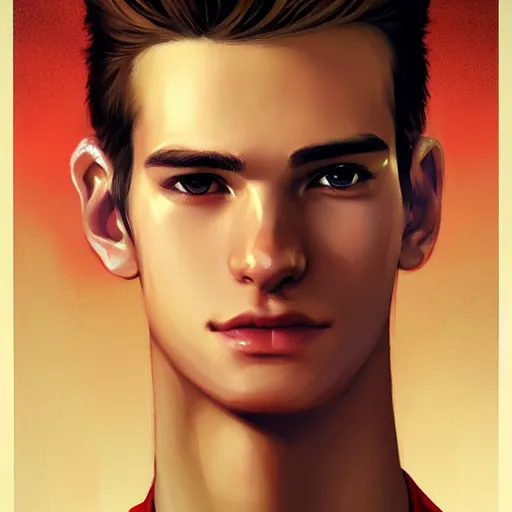 Image similar to colorful Captivating teenage boy with brown blond very short quiff hair and facial structure like andrew garfield, brown eyes with red eye markers, slim body, wearing a detailed Japanese kimono with golden details, atmospheric lighting, painted, intricate, 4k, highly detailed by Charlie Bowater