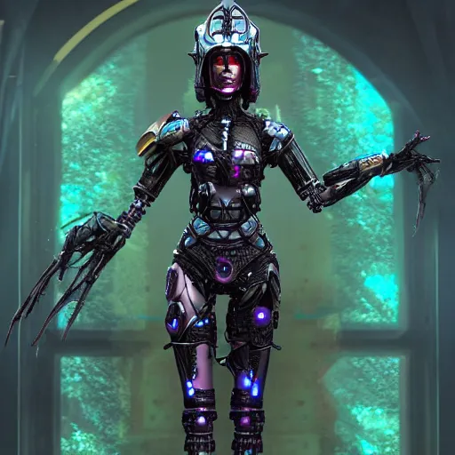 Image similar to mystical evil scifi cyborg android queen with obsidian eyes, wearing an elaborate medieval helmet, in a jungle of subsurface wax tendril leaves, volumetric lighting, realistic concept art, octane render, 8 k, unreal engine, art by todd mcfarlane and artgerm and greg rutkowski and alphonse mucha