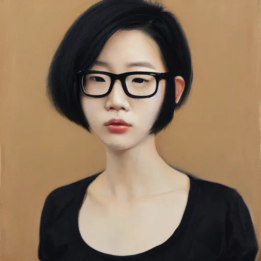 Prompt: portrait of a korean trans girl with very short hair that is black at the roots and blonde at the tips, bedhead, wearing glasses, wearing a black t-shirt, oil on canvas, elegant pose, masterpiece, Jonathan Yeo painting