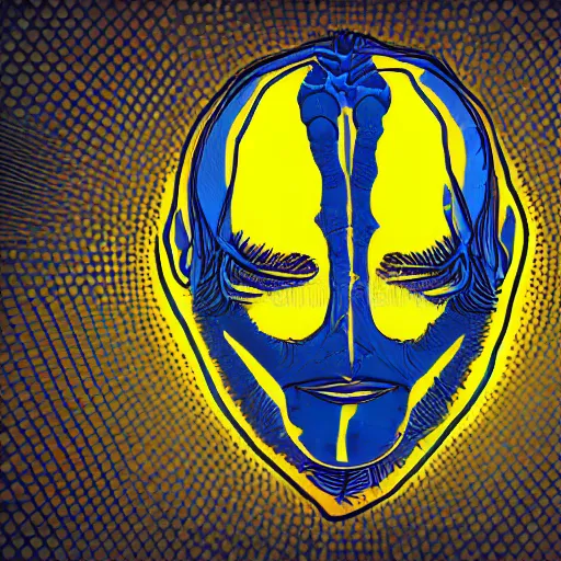 Image similar to human man that resembles a wasp morh in surreal sketch style, blue and yellow gradient, noise, ultrafine detail, hd 8k, logo illustration