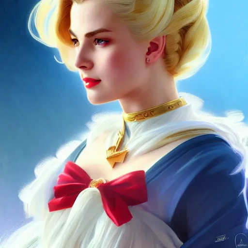 Prompt: Blonde Grace Kelly as Sailor Moon, western, D&D, fantasy, intricate, elegant, highly detailed, digital painting, artstation, concept art, matte, sharp focus, illustration, art by Artgerm and Greg Rutkowski and Alphonse Mucha