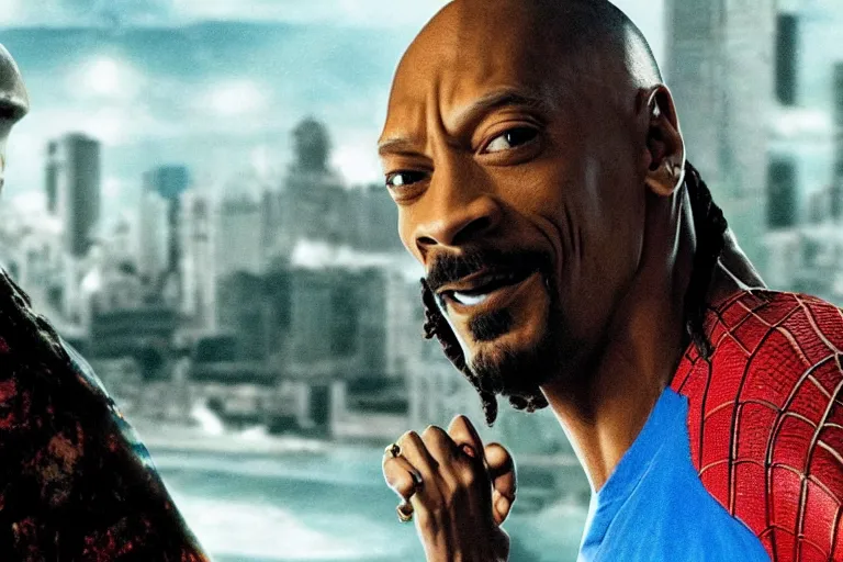 Prompt: film still of Snoop Dogg buffed like Dwayne Johnson in Spider-man 3 2007, 4k