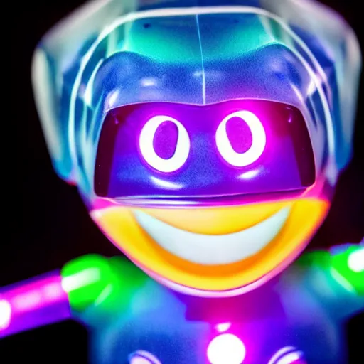 Prompt: a highly detailed vinyl figure with lighting bolts coming out of its eyes it is pointing to the right, RGB smile, square nose, electric eyes, sparking eyes, realistic lighting, realistic reflections