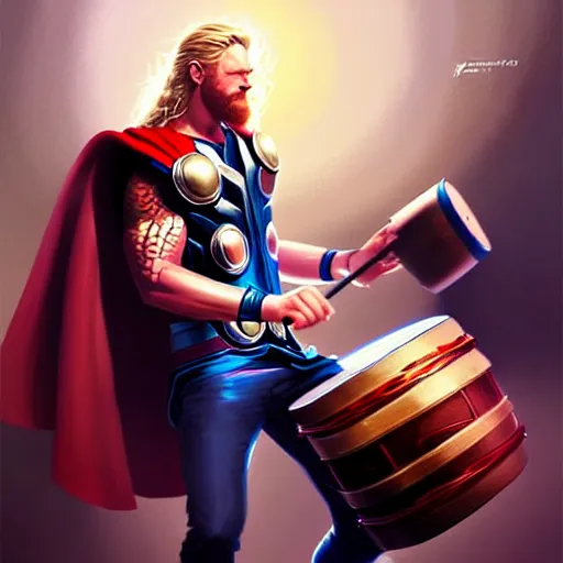 Image similar to thor playing the bongos, comic style by guweiz and stanley artgerm, extremely high quality artwork, very detailed, trending on artstation