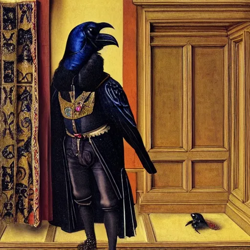 Prompt: a highly detailed painting of a raven dressed as an elegant tudor gentleman, in a richly decorated room, by hans holbein