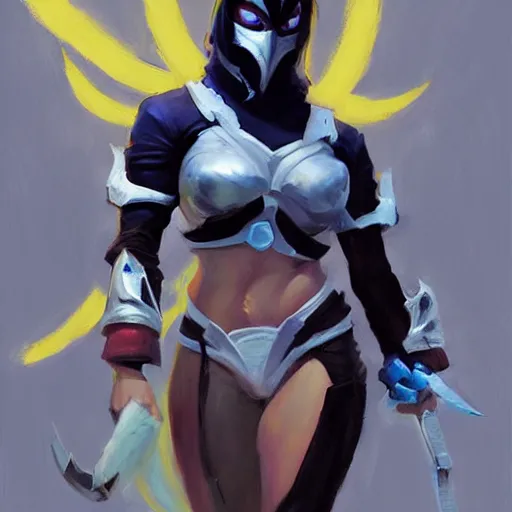 Image similar to greg manchess portrait painting of jade from mortal kombat wearing an oni halfmask as overwatch character, medium shot, asymmetrical, profile picture, organic painting, sunny day, matte painting, bold shapes, hard edges, street art, trending on artstation, by huang guangjian and gil elvgren and sachin teng