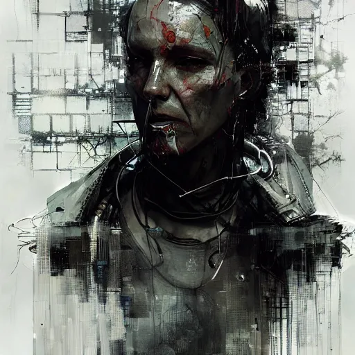 Image similar to a cybernetic hunter, cyberpunk, wires, skulls, machines, by emil melmoth zdzislaw belsinki craig mullins yoji shinkawa realistic render ominous detailed photo atmospheric by jeremy mann and agnes cecile ink drips paint smears digital glitches glitchart