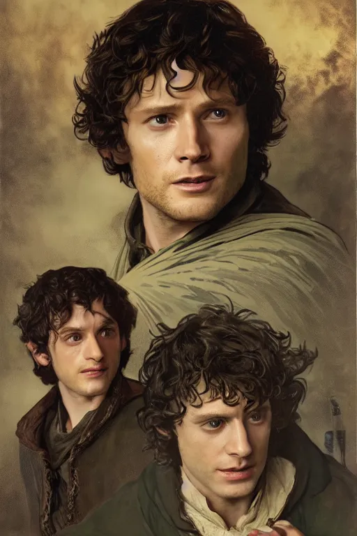 Image similar to a detailed matte portrait of jensen ackles dressed as frodo baggins and jared padalecki as samwise gamgee, masterpiece, 8 k, art by alphonse mucha and greg rutkowski