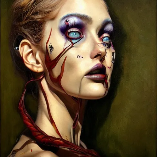 Image similar to her eyes reflect the source code of my soul, oil on canvas portrait by james jean and esao andrews