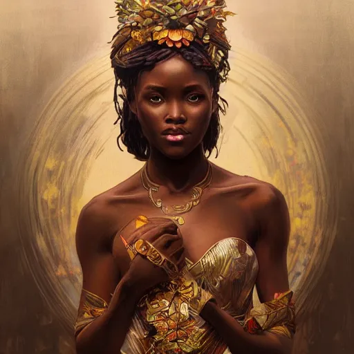 Image similar to beautiful Zulu goddess pondering, intricate, elegant, highly detailed, digital painting, artstation, concept art, smooth, sharp, focus, illustration, art by artgerm and greg rutkowski and alphonse mucha