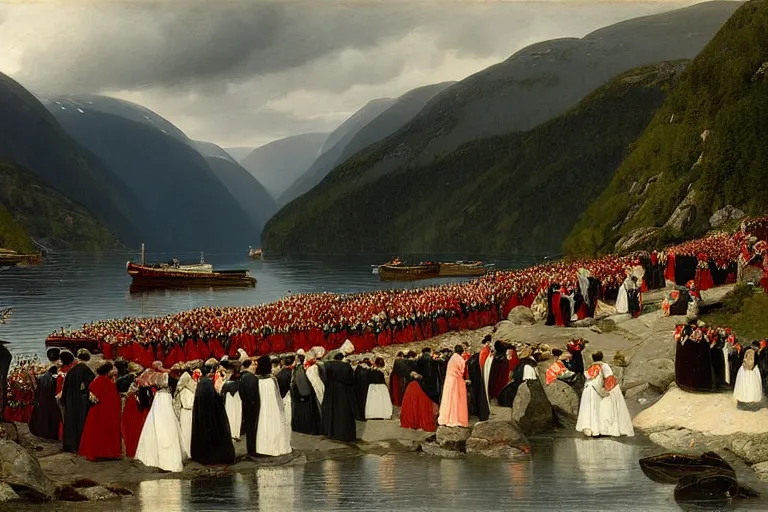 Image similar to the bridal procession on the hardangerfjord by hans gude, adolph tidemand