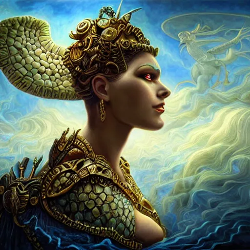 Image similar to Mystical Valkyrie, Portrait of a beautiful female Atlantean Reptilian Warrior, Realistic, Regal, Refined, Detailed Digital Art, Michael Cheval, Walt Disney (1937), François Boucher, Oil Painting, Steampunk, Highly Detailed, Cinematic Lighting, Unreal Engine, 8k, HD