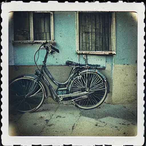 Prompt: artistic photos of a bike macro lenses. polaroid. city of genoa. old. scratched. vintage.