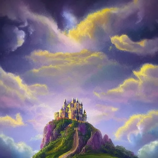 Image similar to Castle in the clouds, celestial light, divine, in the style of Wylie Beckert