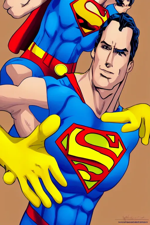 Image similar to superman wearing yellow rubber gloves to wash dishes, highly detailed, digital art, sharp focus, trending on art station, anime art style