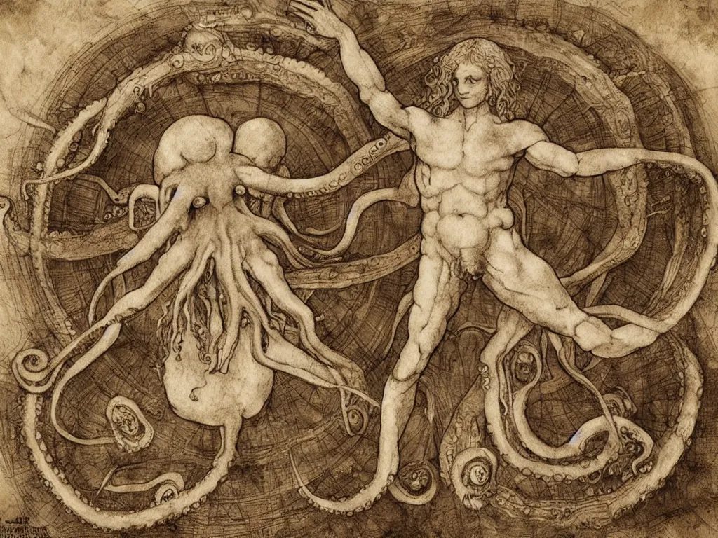 Image similar to Vitruvian Octopus by Leonardo da Vinci, fantasy, digital art, trending on artstation