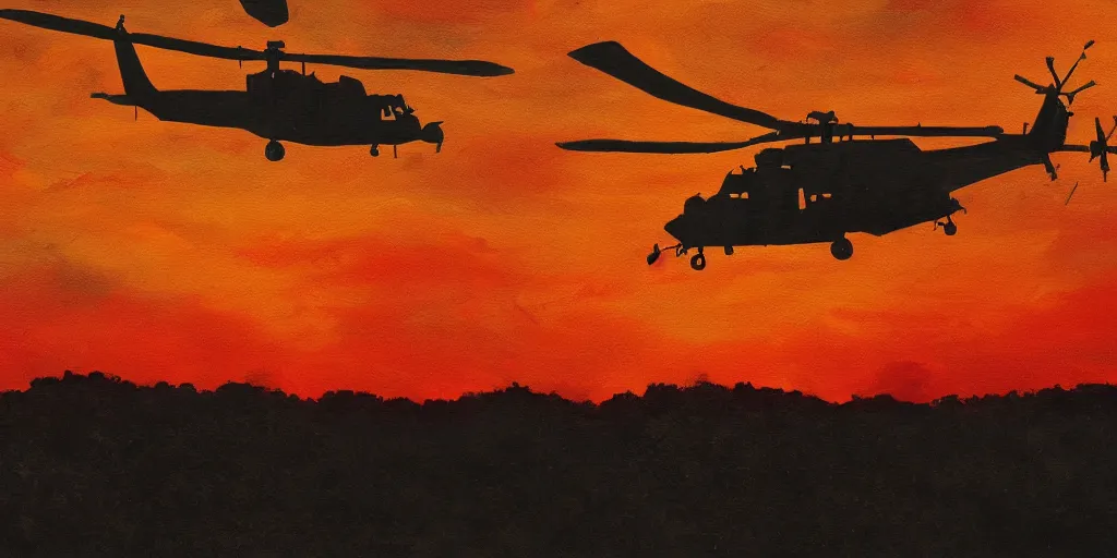 Prompt: Painting of vietnam Huey Helicopters, above a forest, orange sun set, abstract, realism, high details, glow, far, distance, over the horizon, drawn, 8k