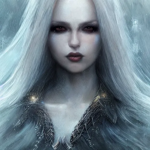 Prompt: kerli koiv, nordic goddess, darkwave, darksynth headshot character portrait, sharp, digital matte painting, art by luis royo, greg rutkowski, wlop, dramatic lighting, trending on artstation