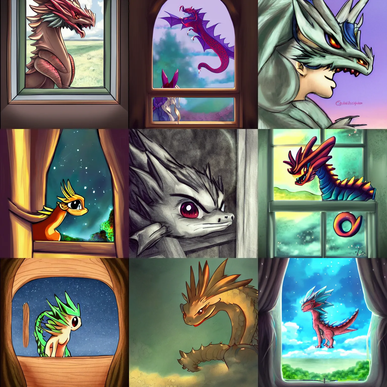 Prompt: cute beautiful anime dragon looking out of the window wondering dreaming, surrealistic, ( ( deviantart ) )