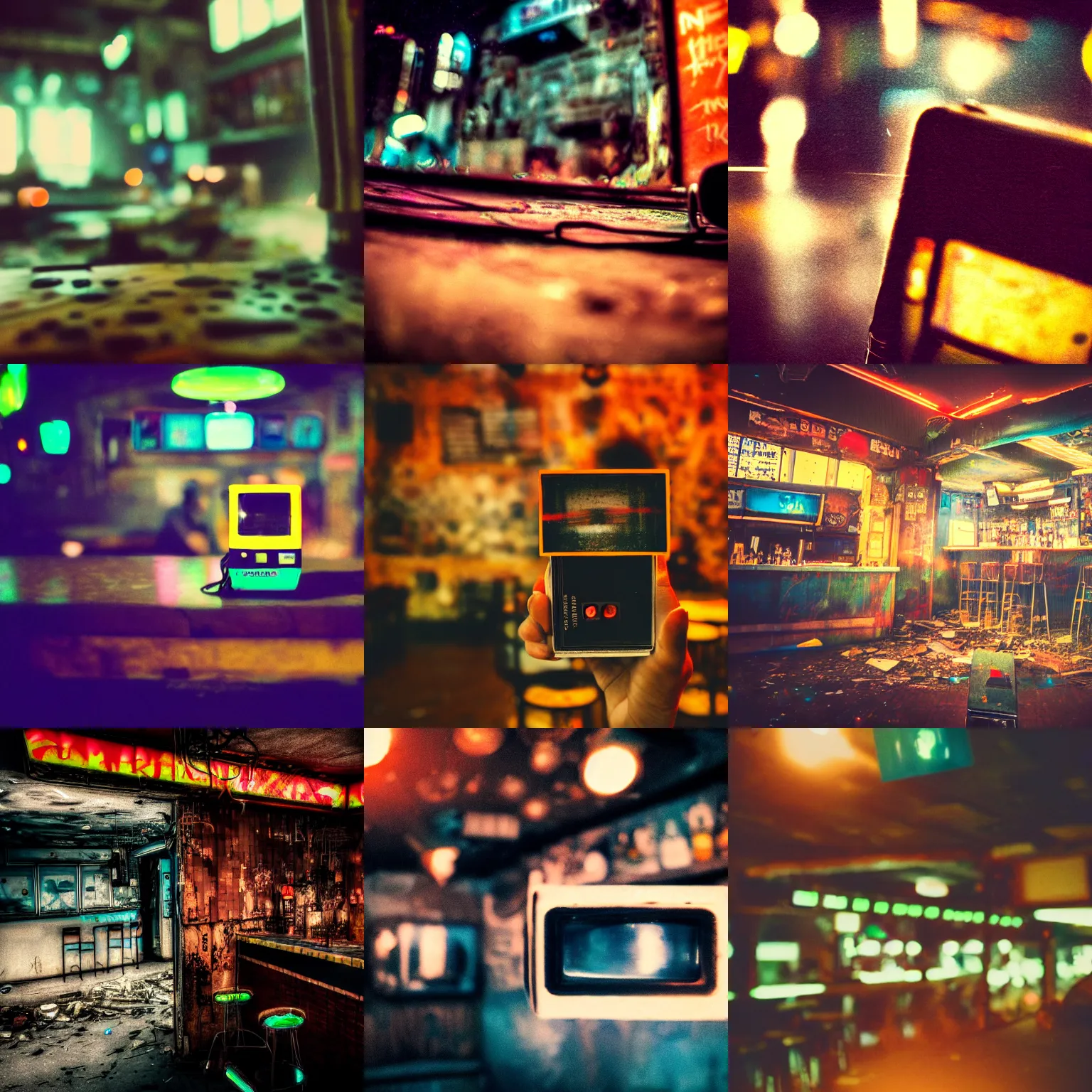 Prompt: travel photography, polaroid photo, motion blur, an abandoned cyberpunk bar in the middle of an alien world, depth of field, bokeh