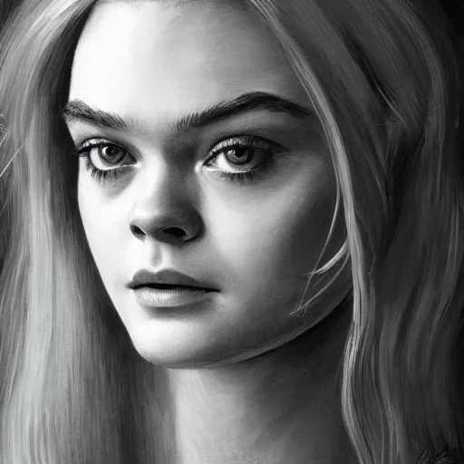 Prompt: professional painting of Elle Fanning in the style of Frank Frazetta, head and shoulders portrait, symmetrical facial features, smooth, sharp focus, illustration, intricate, stormy weather, extremely detailed masterpiece,