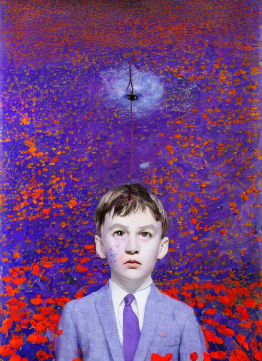 Prompt: portrait of a child violinist in suit standing in a landscape of poppies and purple stars in the sky, vincent lefevre and hernan bas and pat steir and hilma af klint, symmetrical face, psychological, photorealistic, dripping paint, washy brush, rendered in octane, altermodern, masterpiece