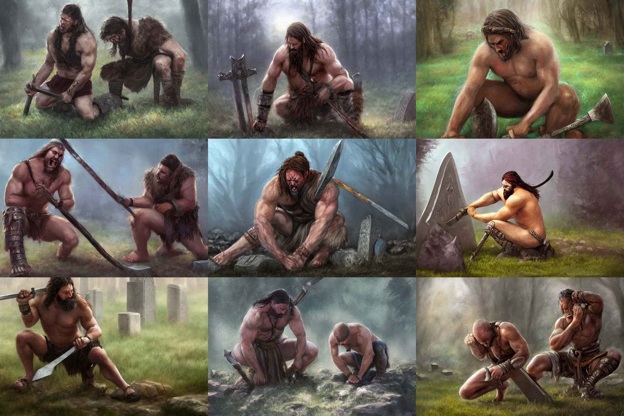 Prompt: Fierce male barbarian kneeling down and crying at his lover's gravestone, sad, pastel painting, realistic, emotional, loneliness, despair, knees on the ground!, trending on artstation, 16K HD