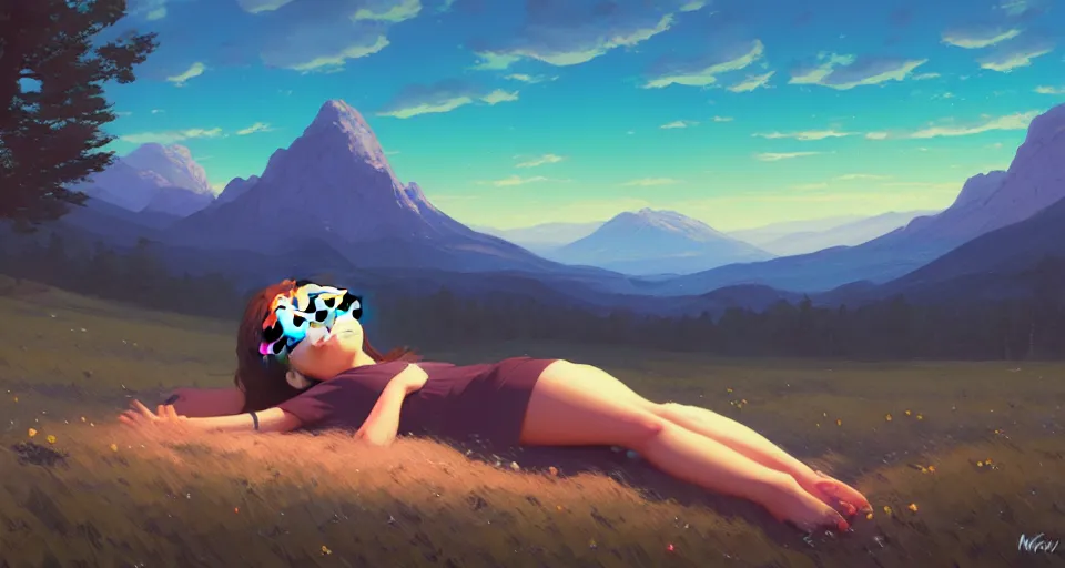 Prompt: a minion napping in a field behind a beautiful mountain landscape, night setting. realistic shaded lighting poster by ilya kuvshinov katsuhiro, magali villeneuve, artgerm, jeremy lipkin and michael garmash, rob rey and kentaro miura style, trending on art station