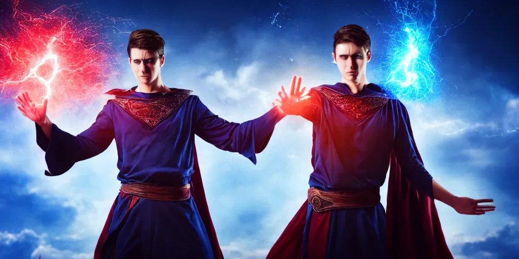 Prompt: epic scene of a handsome male sorcerer with brown hair, he is casting a blue and red spell that is emanating from his hands, heroic pose, medium shot, waist up, epic composition, post processing, cinematic poster