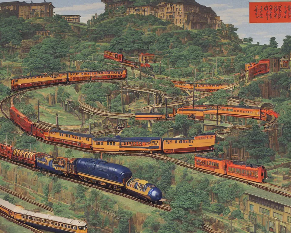 Prompt: an elaborate model train layout featuring mallard locomotives by Hasui Kawase, Raphael, and Bernini.