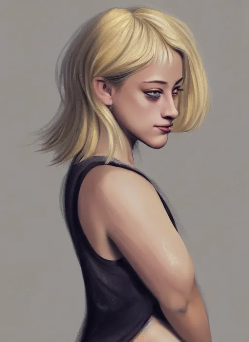 Image similar to full body portrait, teenage lili reinhart, blonde hair, obese, bangs, ponytail, sultry, realistic, sultry smirk, fluffy bangs, curly bangs, fat, belly, intricate, elegant, highly detailed, digital painting, artstation, concept art, smooth, sharp focus, illustration, art by wlop, mars ravelo and greg rutkowski