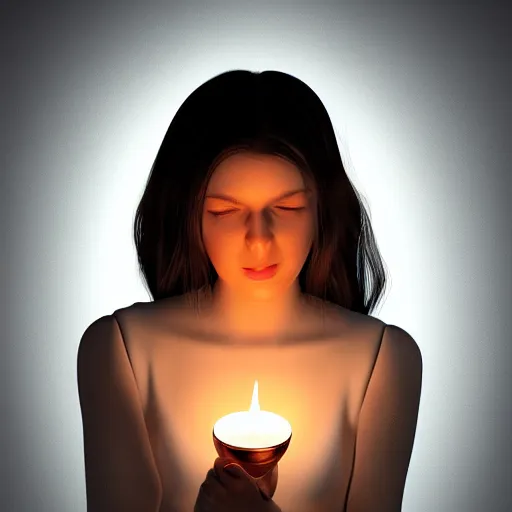 Image similar to portrait of a feminine young woman holding a lit candle, fragile, soft, vray, hyperdetailed, 3d character, game character