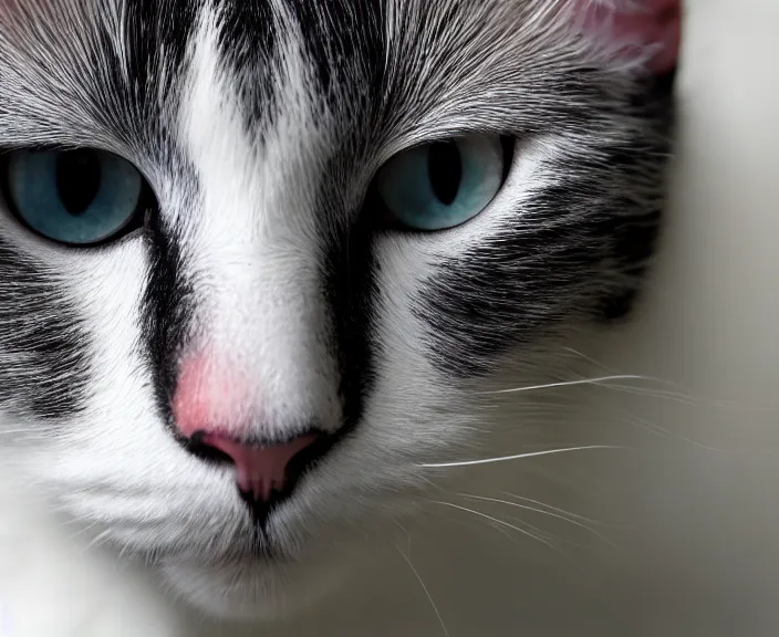 Image similar to 4 k hd, high detail photograph of a white and black cat, shot with sigma f / 4. 2, 2 5 0 mm sharp lens, wide shot, consistent, isometric view, volumetric lighting, high level texture render