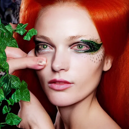 Image similar to A beautiful portrait of Daria Strokous smiling as Poison Ivy from Batman as a Versace fashion model Spring/Summer 2010, highly detailed, in the style of cinematic, Getty images, Milan fashion week backstage, Extreme close up, Makeup by Pat McGrath, Hair by Guido Palau, Greg rutkowski