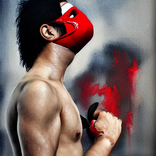 Image similar to realistic portrait photorealistic painting of bleeding young man with mask wrestler is trying to fight back. fine art, trending on artstation, smooth draw, sharp focus, digital art, bright colors.